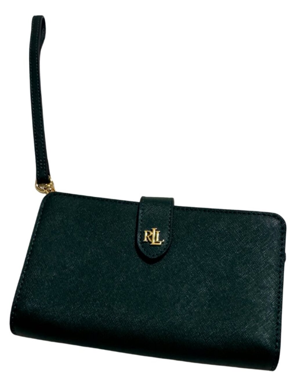 Lauren Ralph Lauren Green Leather Tech Wristlet Wallet LRL Gold